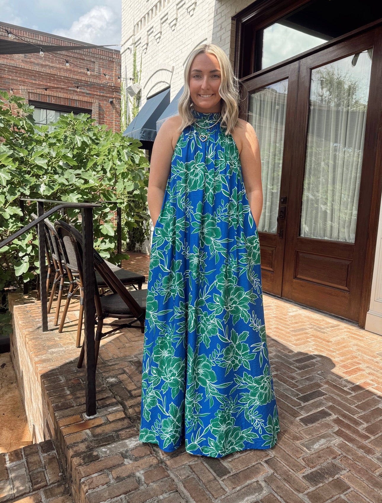 Blue Green Floral Halter Midi Dress