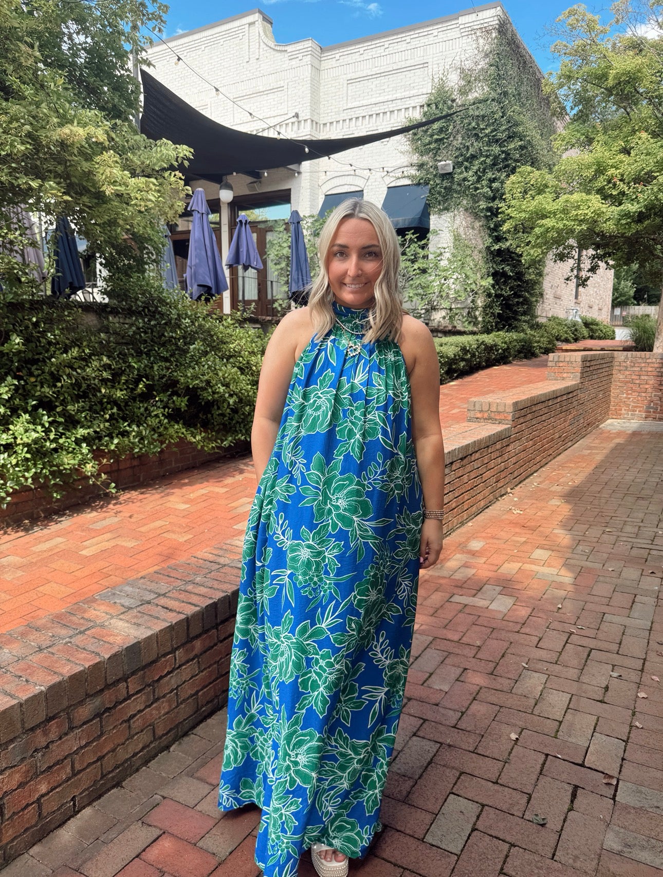 Blue Green Floral Halter Midi Dress