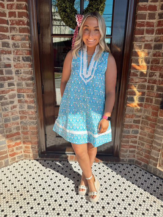 Aqua Shell Print Sleeveless Shift Dress