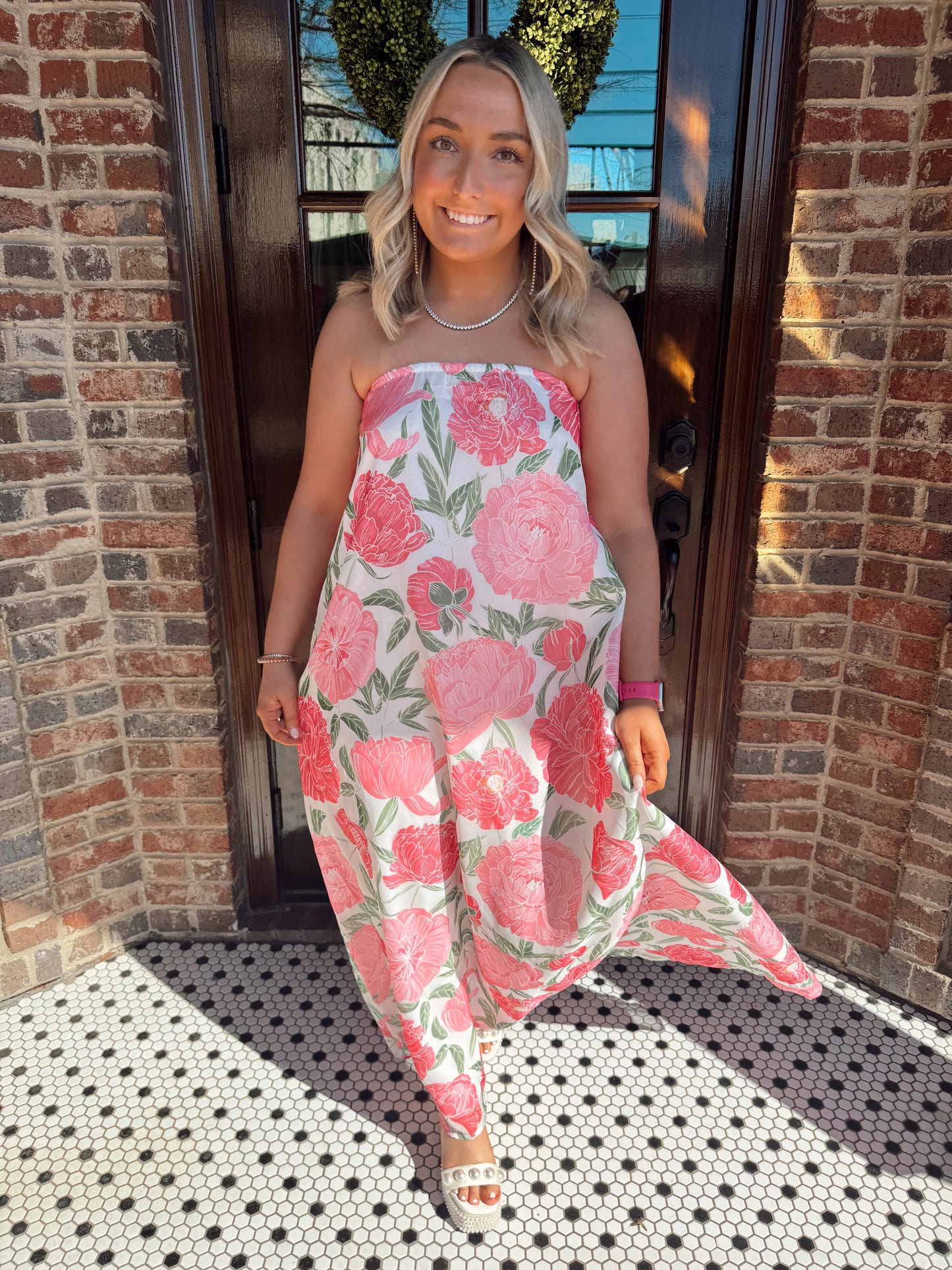 Strapless Pink Floral Maxi Dress (Convertible Scarf)