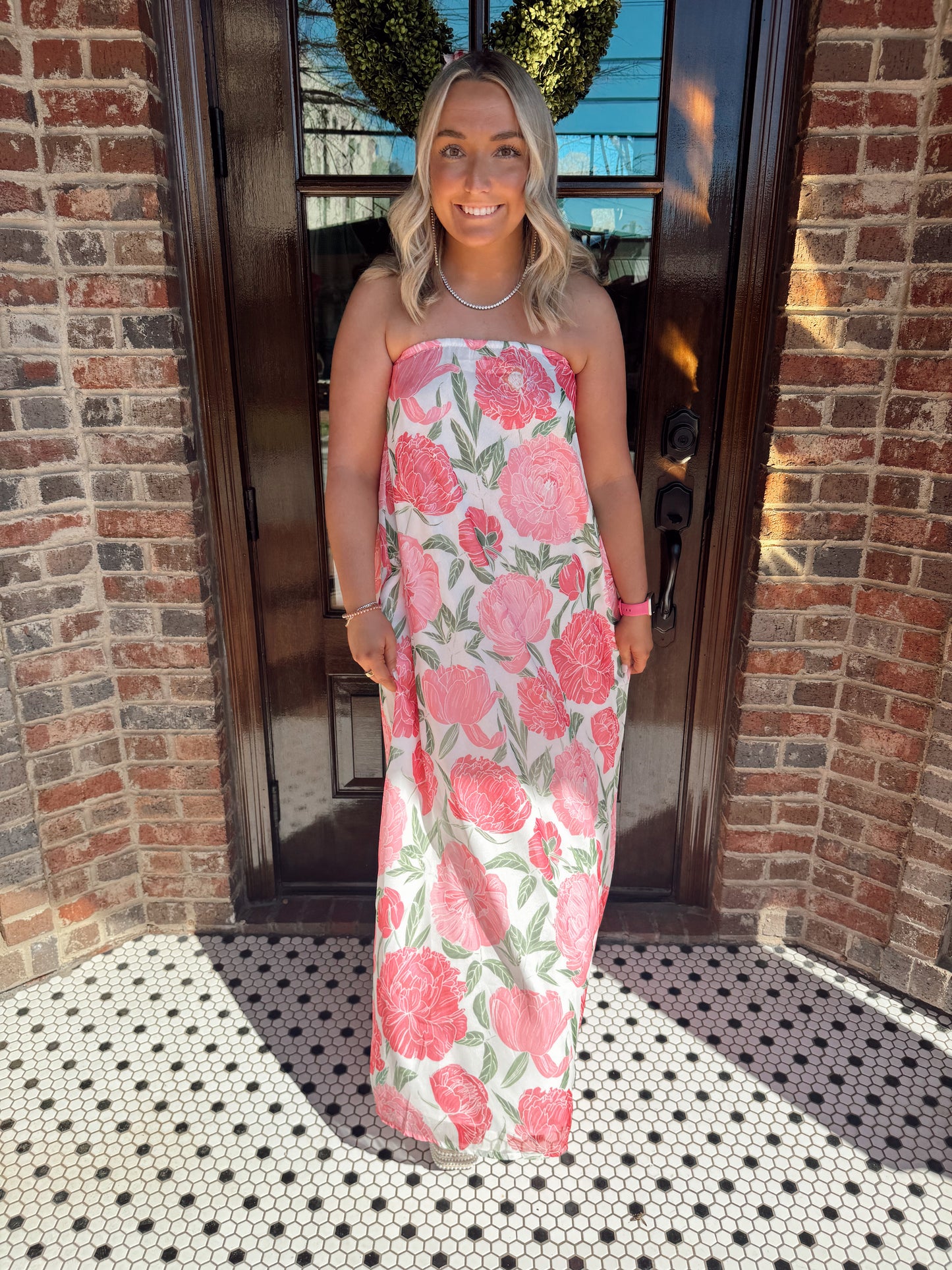 Strapless Pink Floral Maxi Dress (Convertible Scarf)