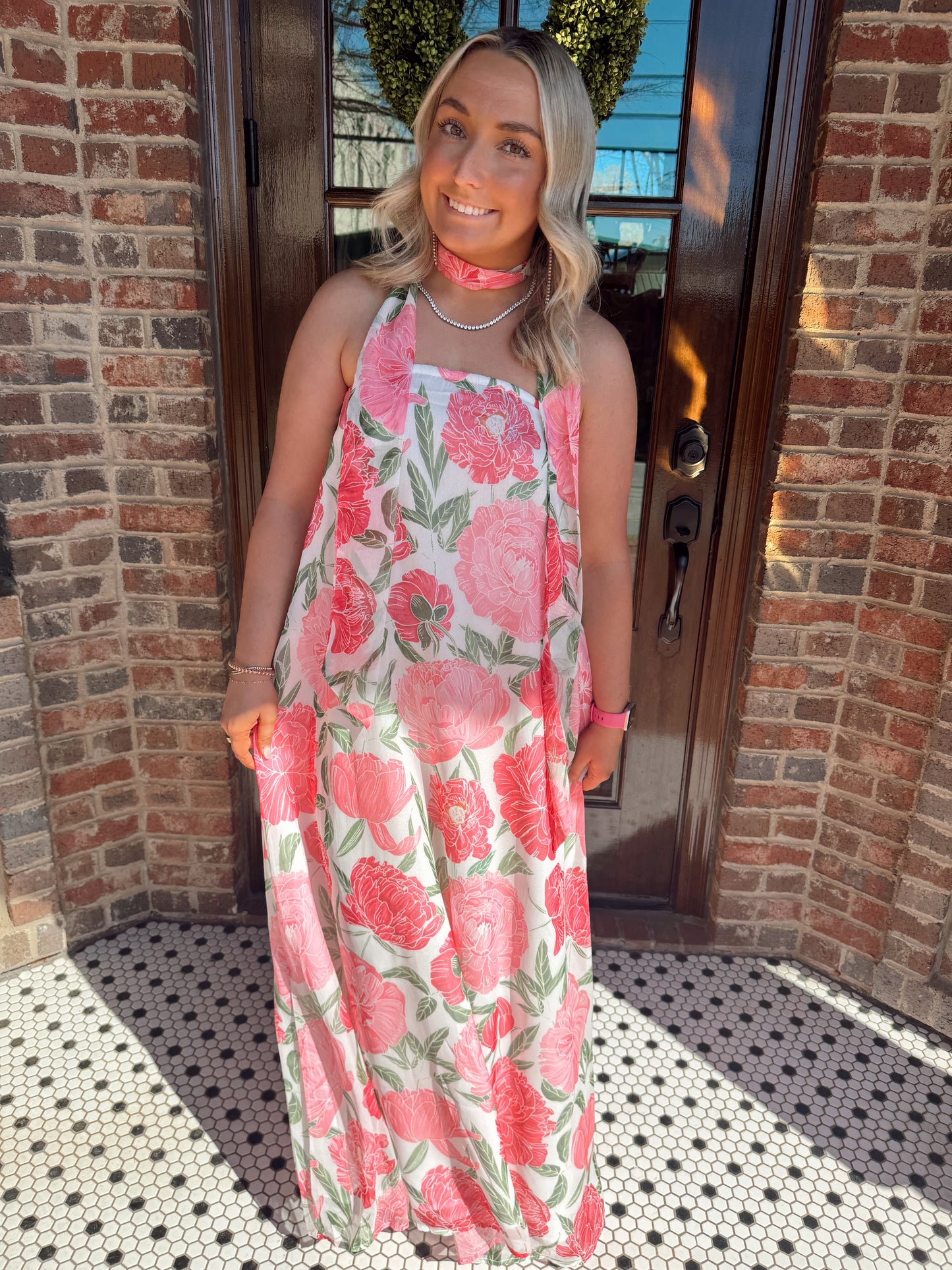Strapless Pink Floral Maxi Dress (Convertible Scarf)