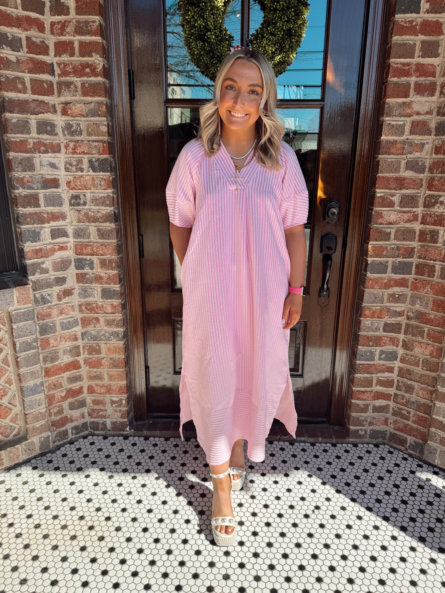 Pink Striped Midi Dress