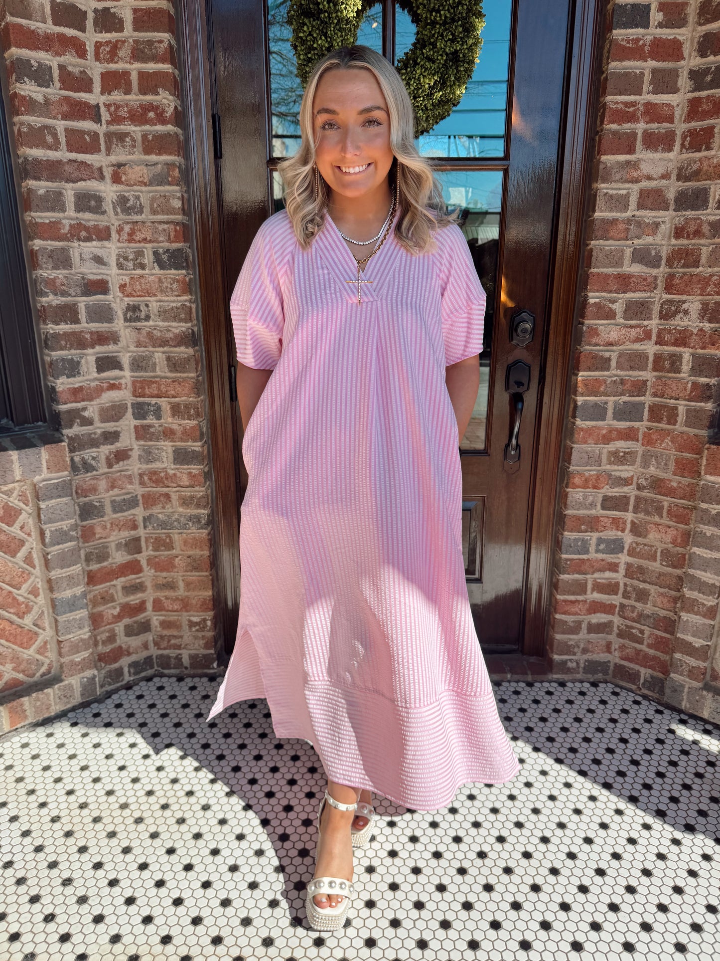 Pink Striped Midi Dress