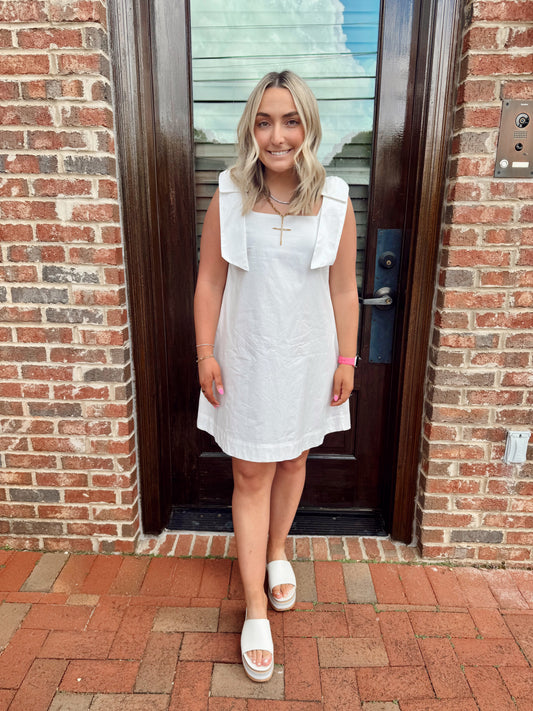 White Bow Shoulder Mini Dress
