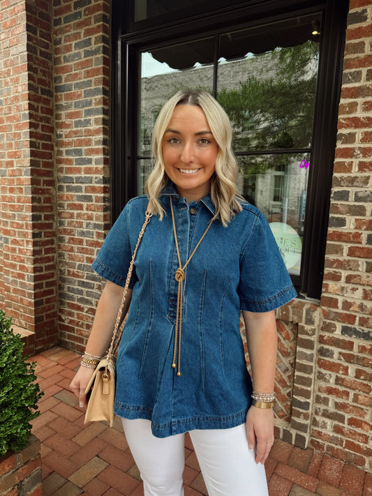 Denim Pintuck Top