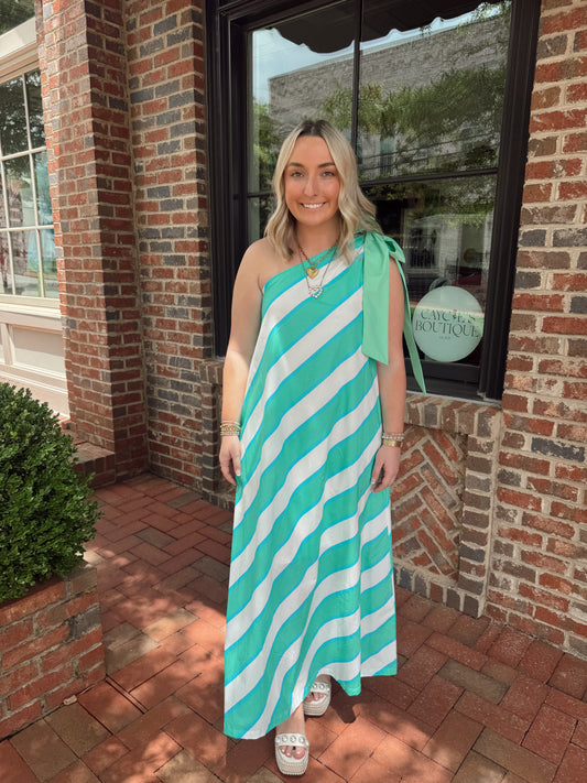 Mint Stripe Bow One Shoulder Maxi Dress