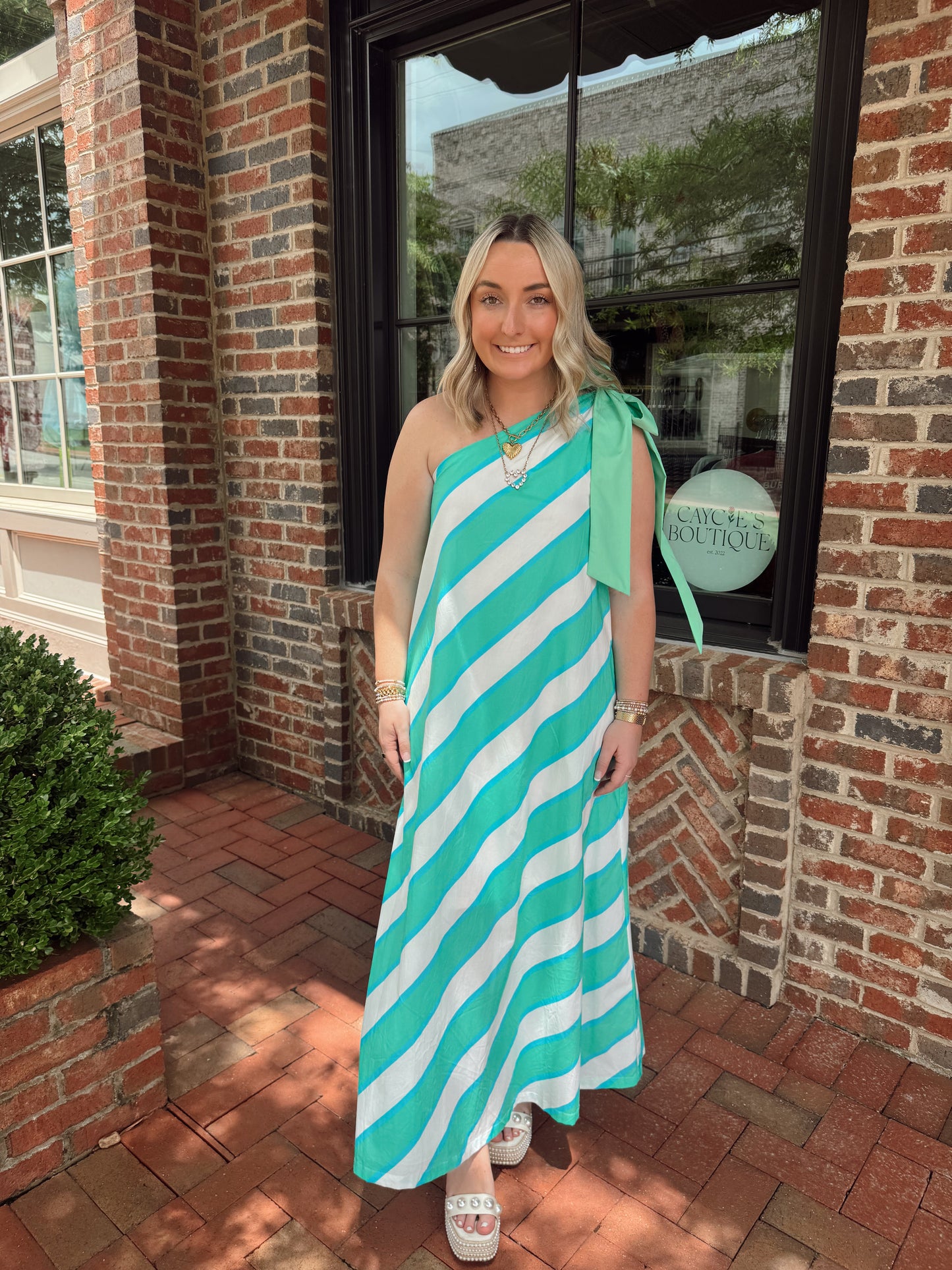 Mint Stripe Bow One Shoulder Maxi Dress