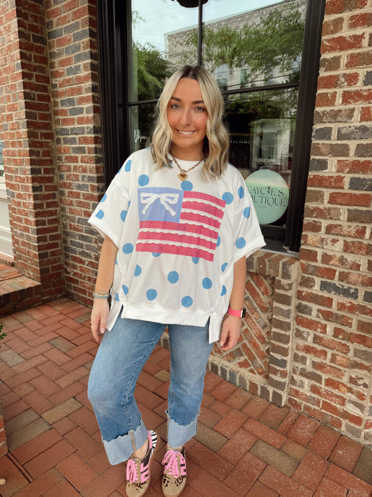 Oversized Bow Flag Blue Polka Dot Tee