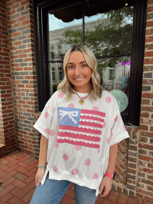 Oversized Bow Flag Pink Polka Dot Tee