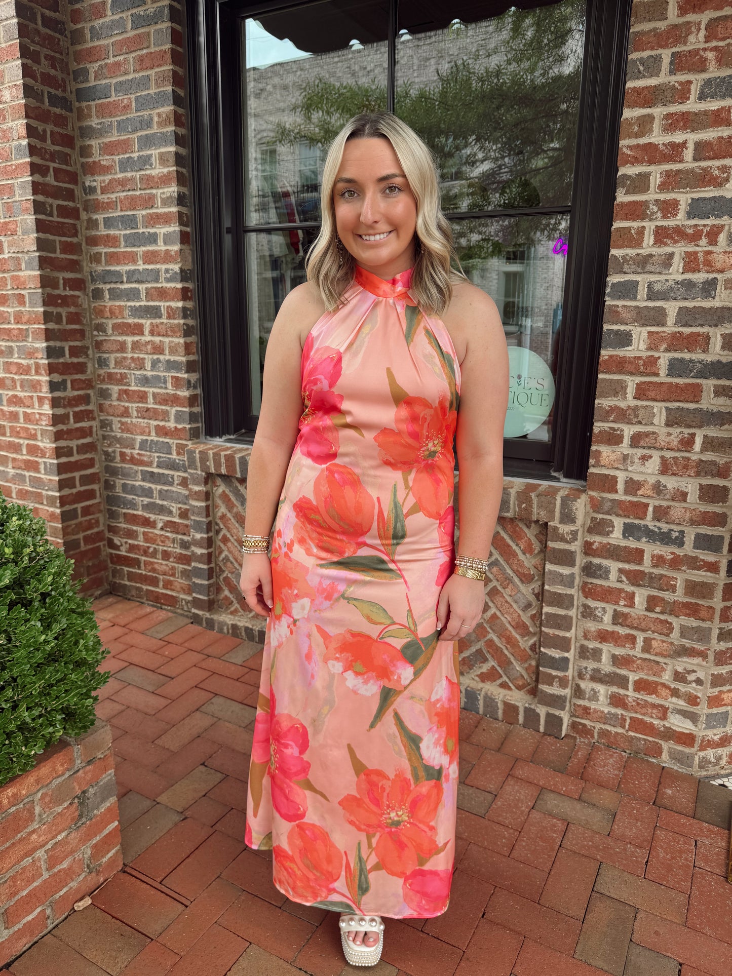 Floral High Neck Satin Midi Dress
