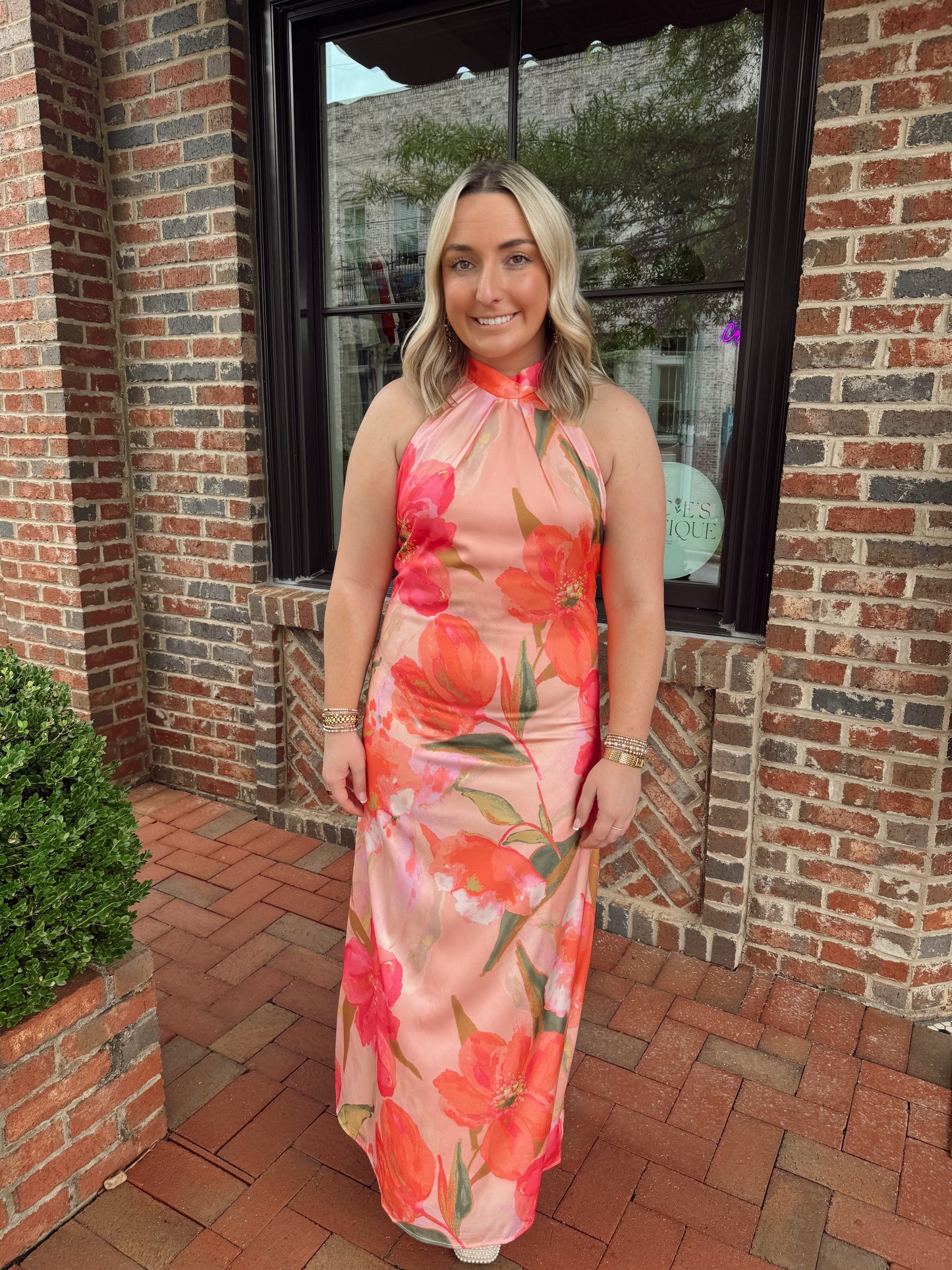 Floral High Neck Satin Midi Dress