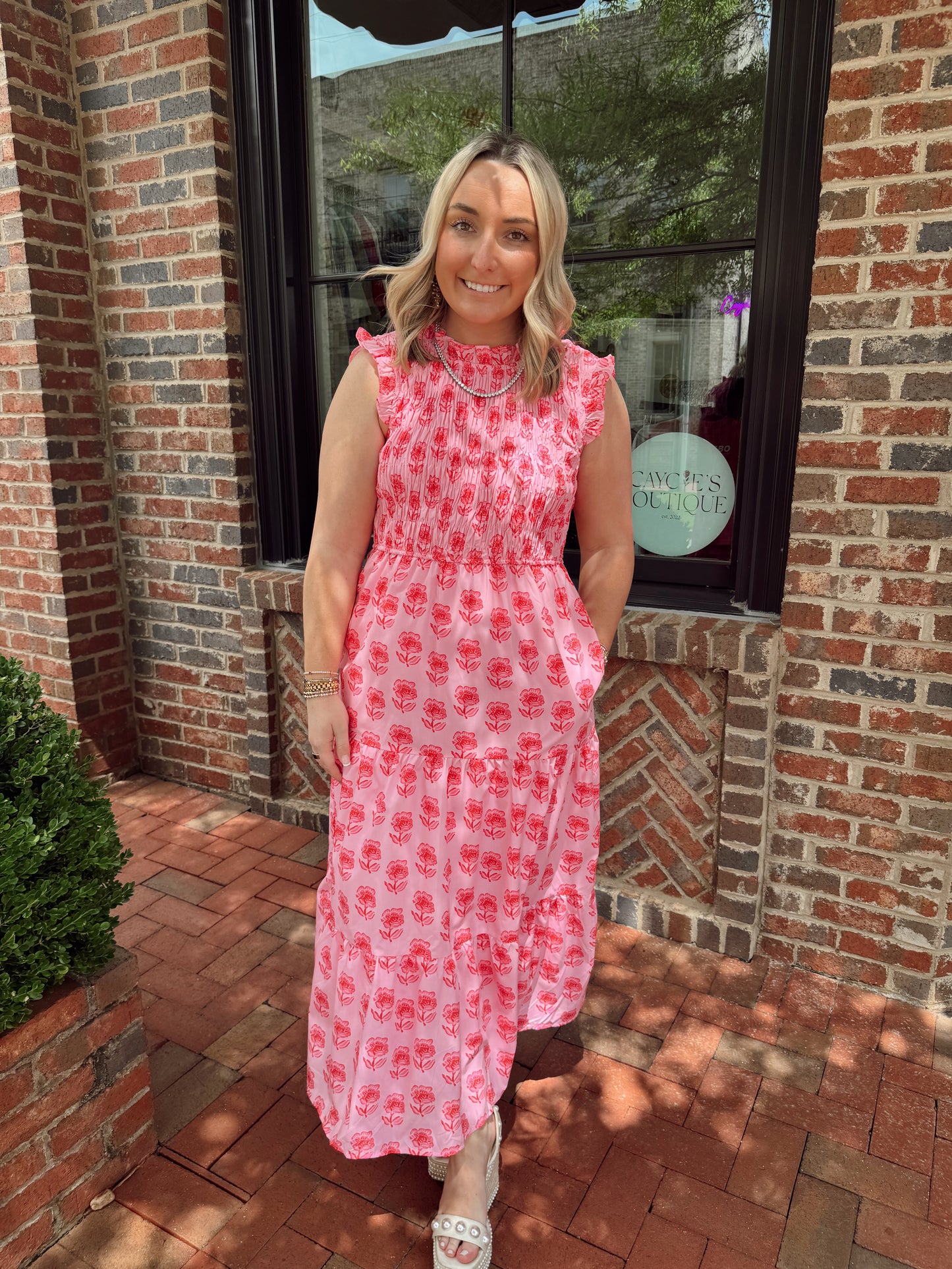 Red & Pink Floral Smocked Maxi Dress
