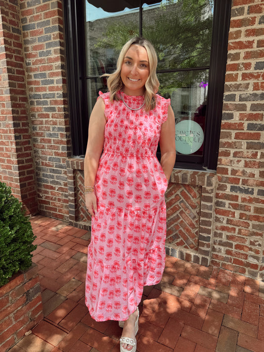 Red & Pink Floral Smocked Maxi Dress
