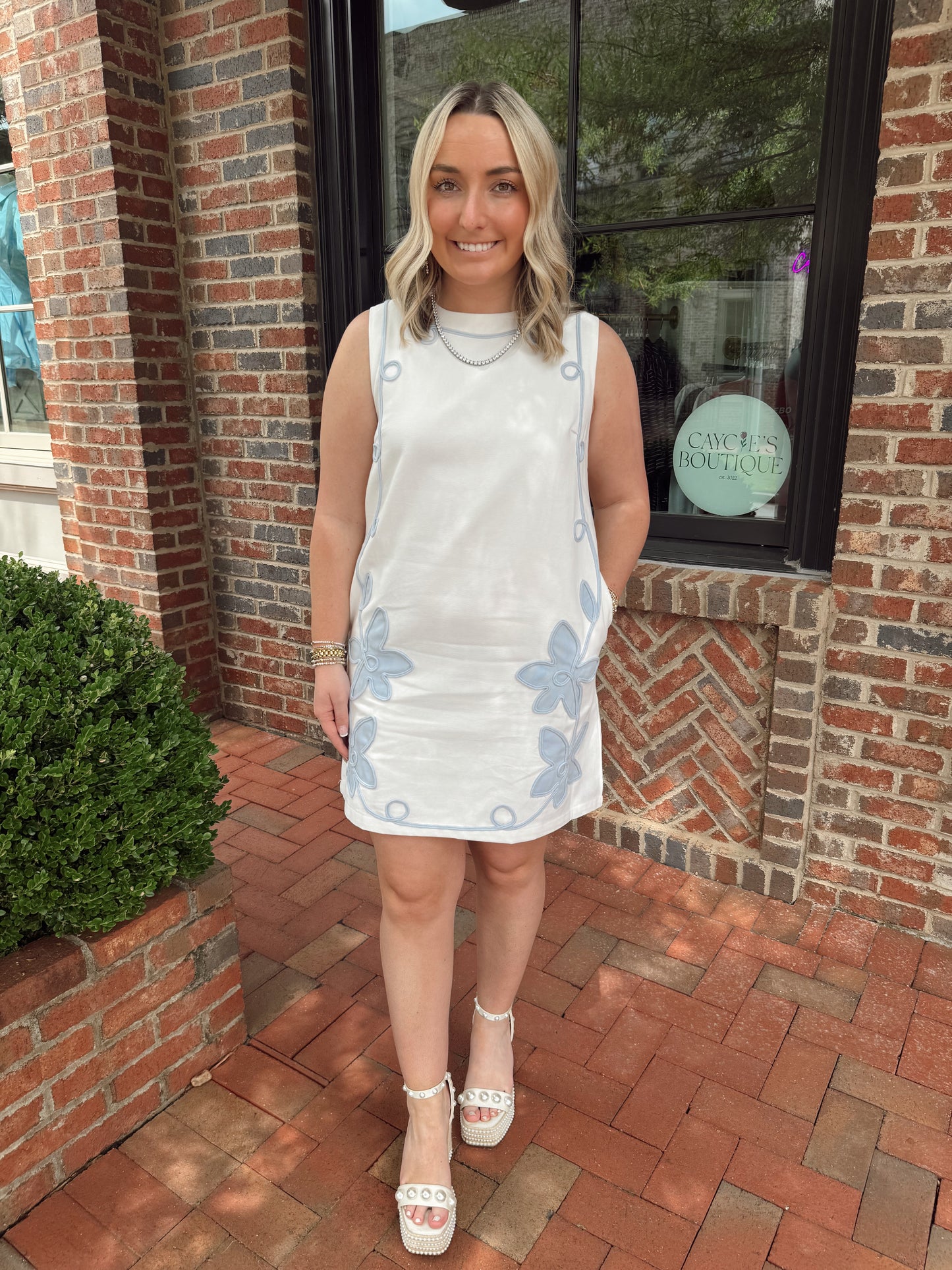 Baby Blue Floral Appliqué Shift Mini Dress