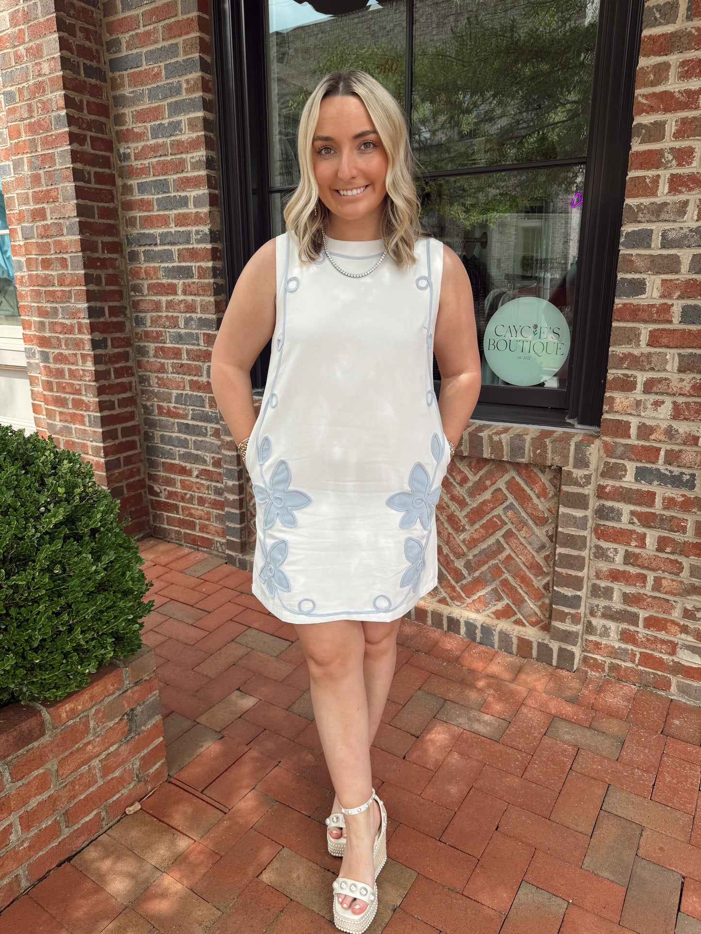 Baby Blue Floral Appliqué Shift Mini Dress