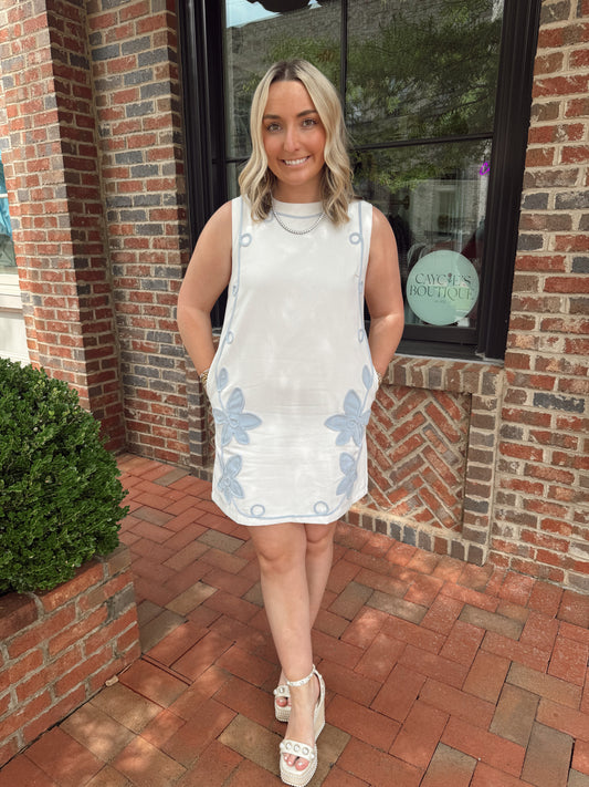 Baby Blue Floral Appliqué Shift Mini Dress