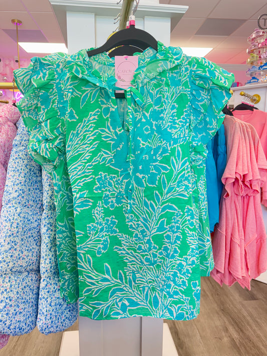 Green Multi Flutter Sleeve Top