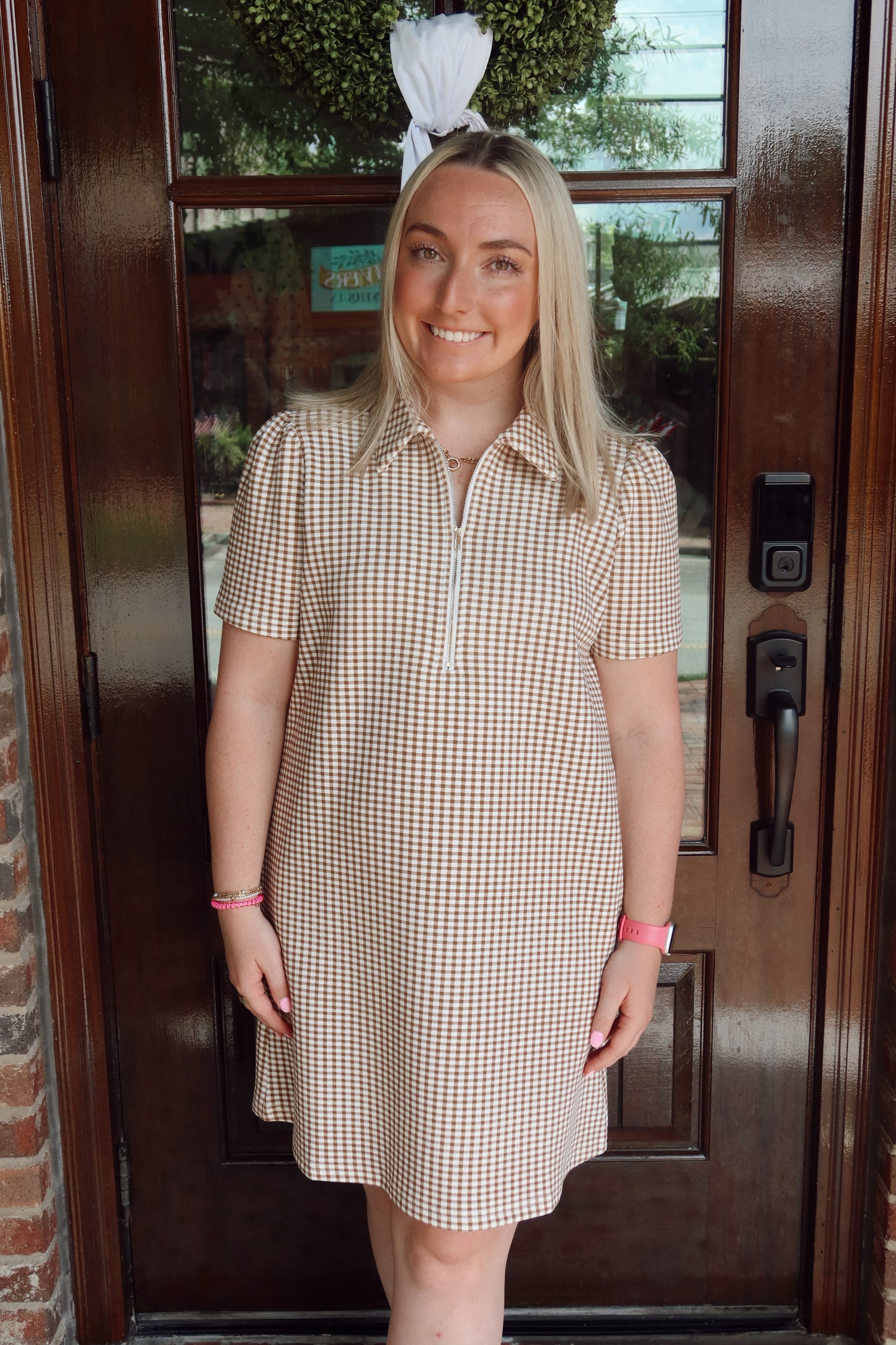 Tan Gingham Half Zip Mini Dress