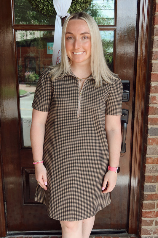 Brown Gingham Half Zip Mini Dress