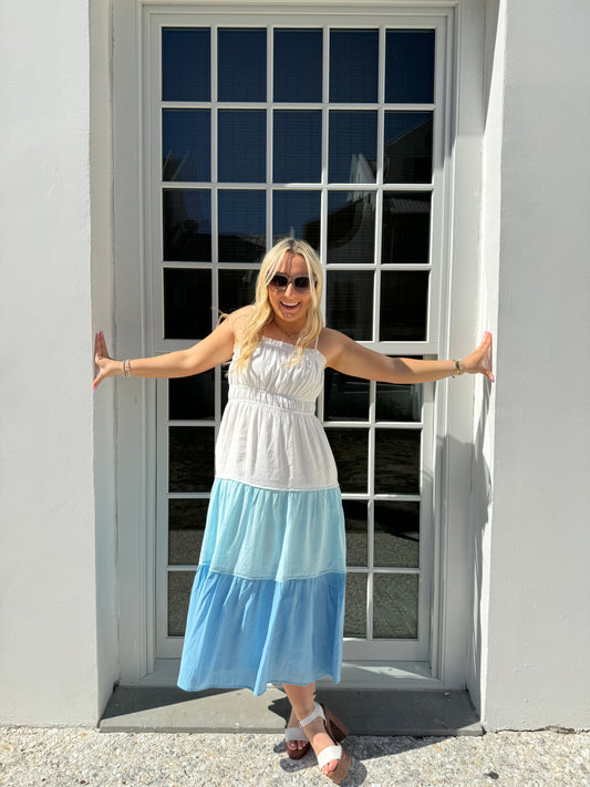 Blue Color Block Tiered Dress