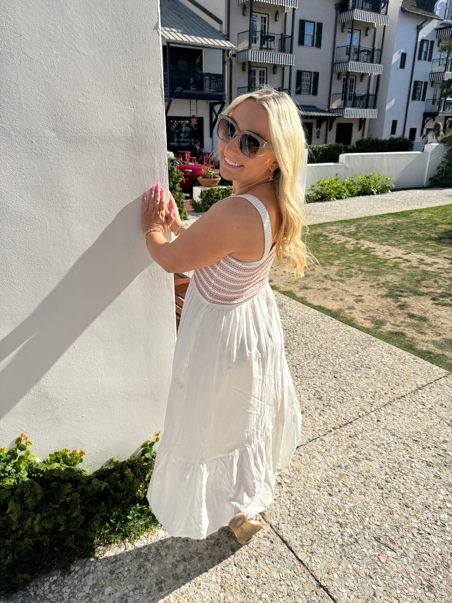 Ivory Embroidered Ruched Midi Dress