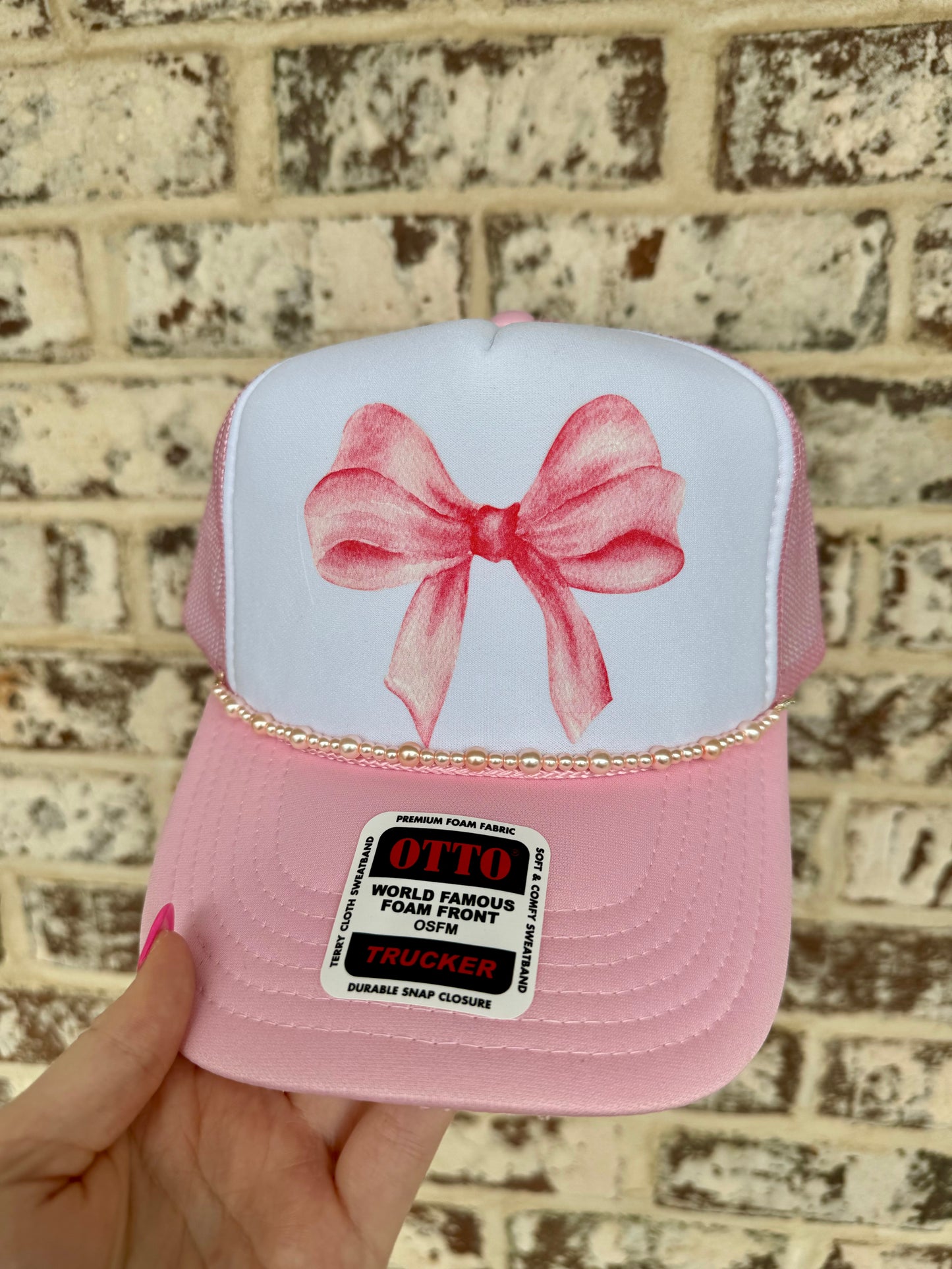 Pink Bow Pearl Chain Trucker Hat