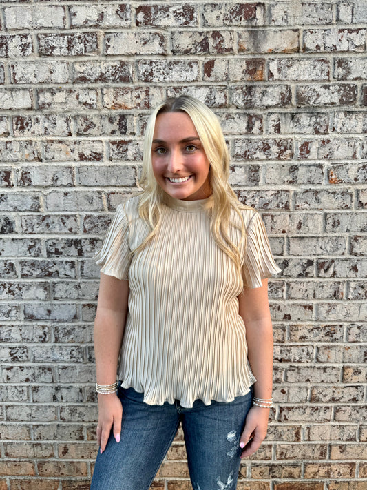 Taupe Pleated Ruffle Top