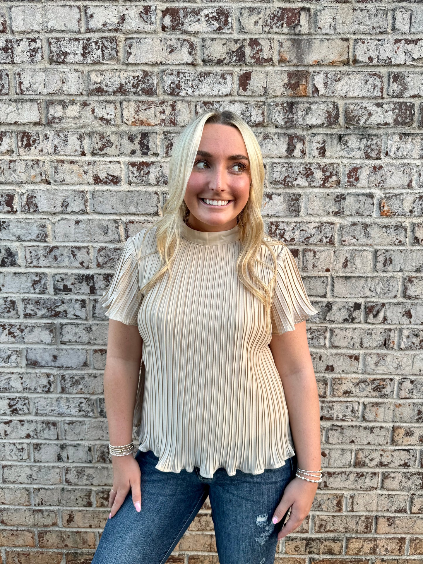 Taupe Pleated Ruffle Top