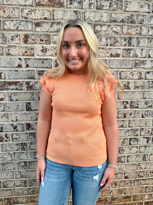 Tangerine Ribbed Knit Flutter Sleeve Top