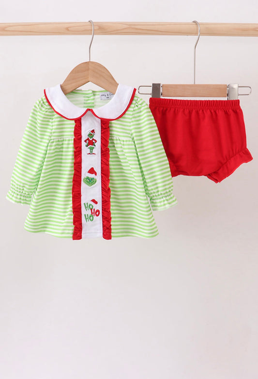 Grinch Embroidery Bloomer Set