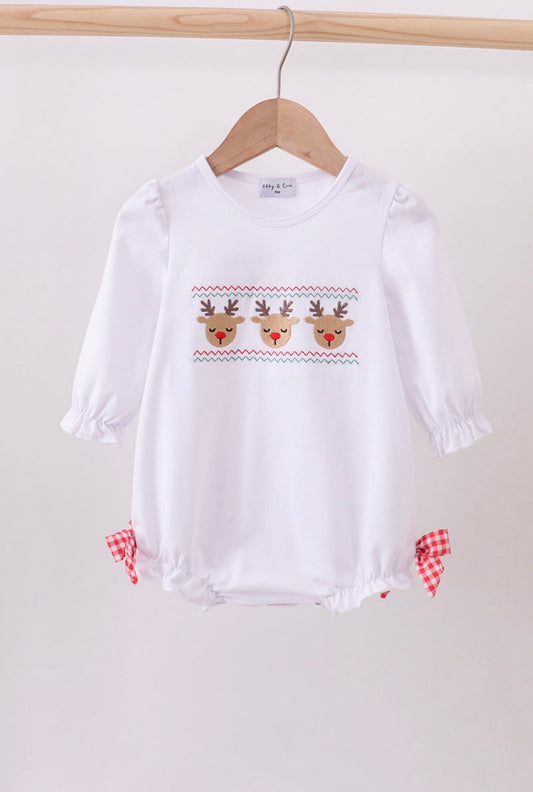 White Embroidered Reindeer Bow Bubble