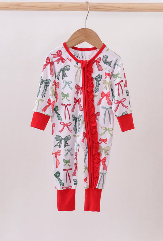 Red & Green Bows Ruffle Bamboo Romper