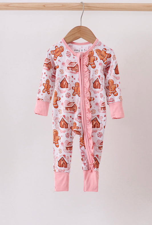 Pink Gingerbread House Ruffle Bamboo Romper