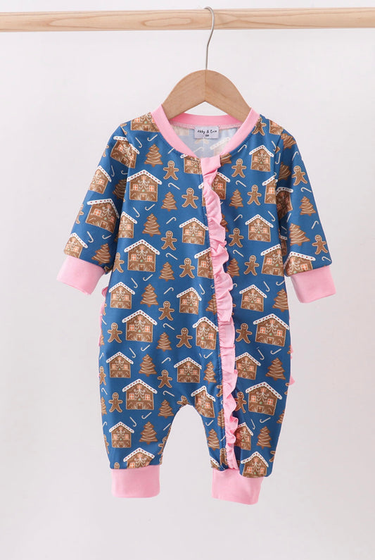Navy & Pink Gingerbread Ruffle Romper
