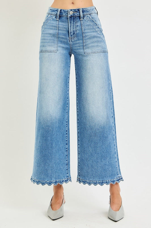 HR Crop Wide Leg Scalloped Patch Pocket Jeans | Medium Wash