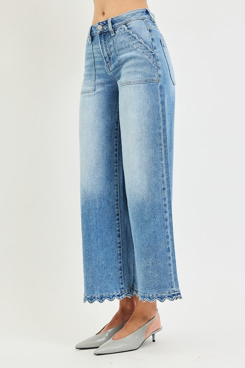 HR Crop Wide Leg Scalloped Patch Pocket Jeans | Medium Wash