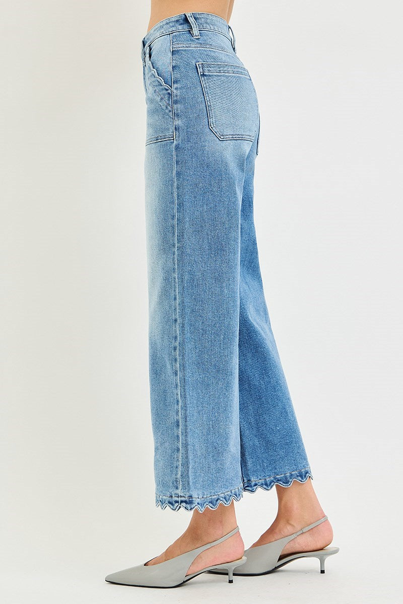 HR Crop Wide Leg Scalloped Patch Pocket Jeans | Medium Wash