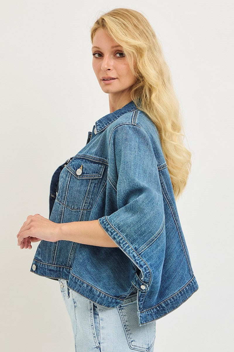 Flowy Square Cape Jacket | Medium Wash