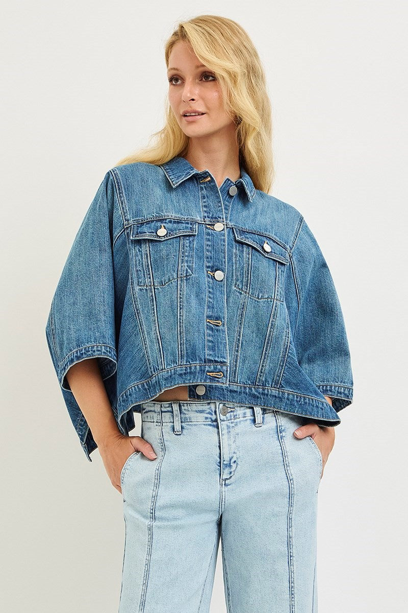 Flowy Square Cape Jacket | Medium Wash