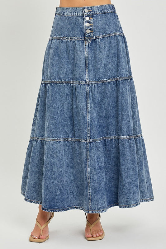 HR Ruffle Button Fly Long Skirt | Medium Wash