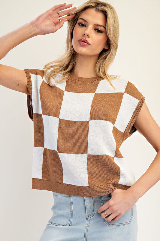 Brooklyn Checkered Hazelnut Sweater Top