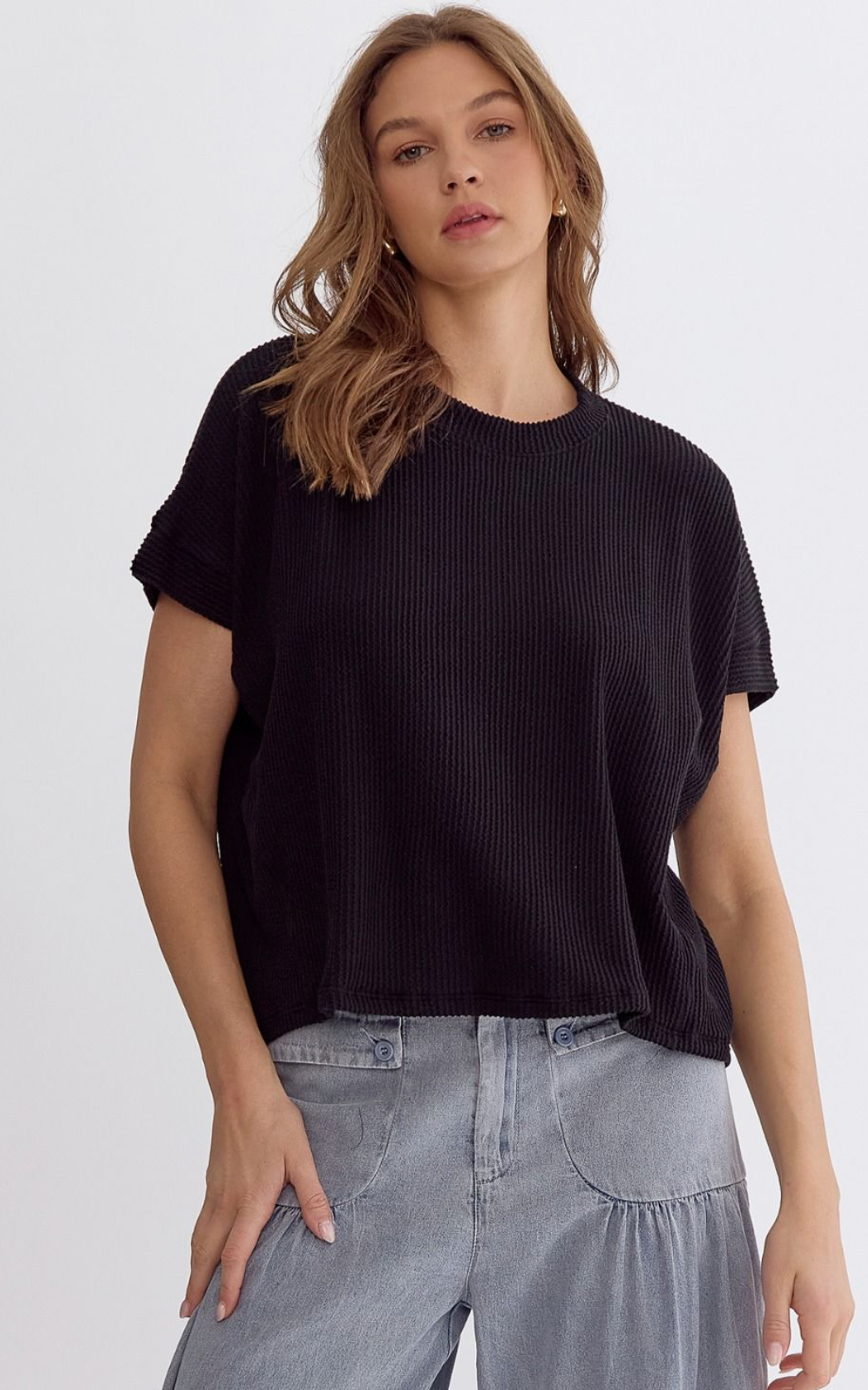 Black Ribbed Asymmetrical Hem Top