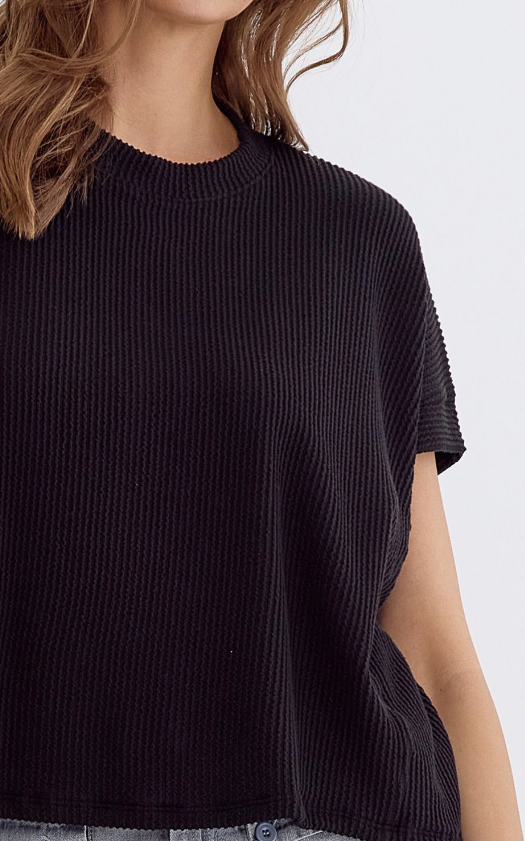 Black Ribbed Asymmetrical Hem Top