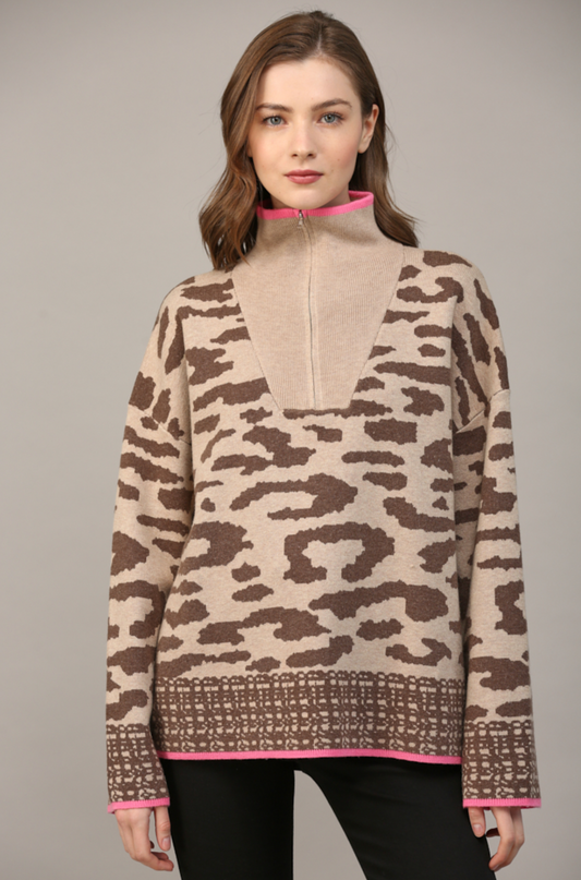 Allie Leopard Half Zip Sweater