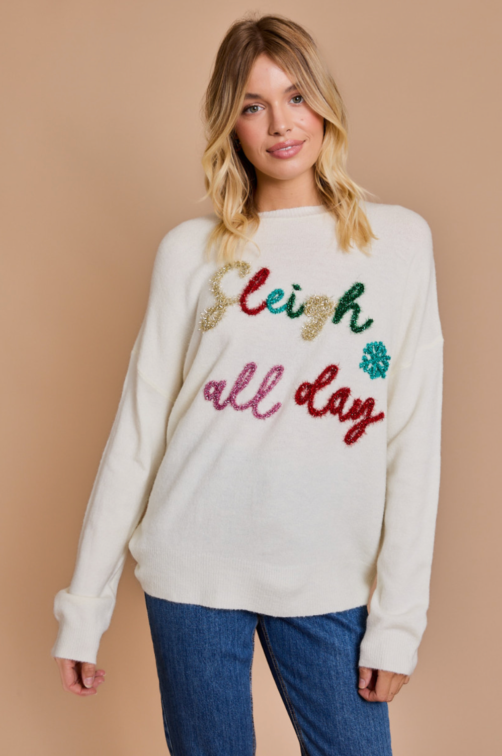 Sleigh All Day Cream Tinsel Sweater