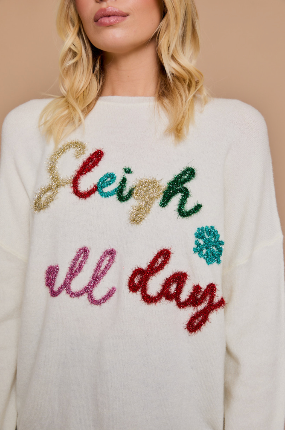 Sleigh All Day Cream Tinsel Sweater