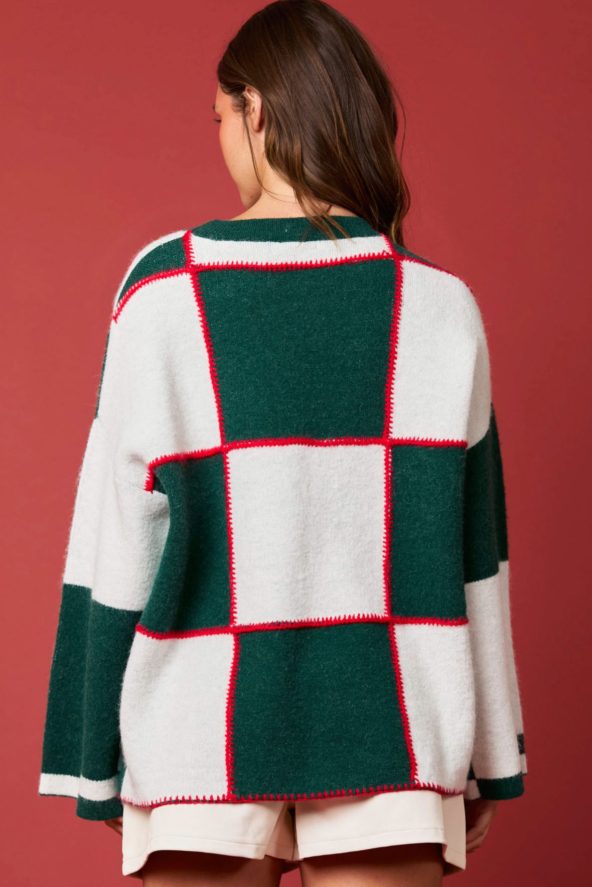 Red & Green Blanket Stitch Oversized Sweater