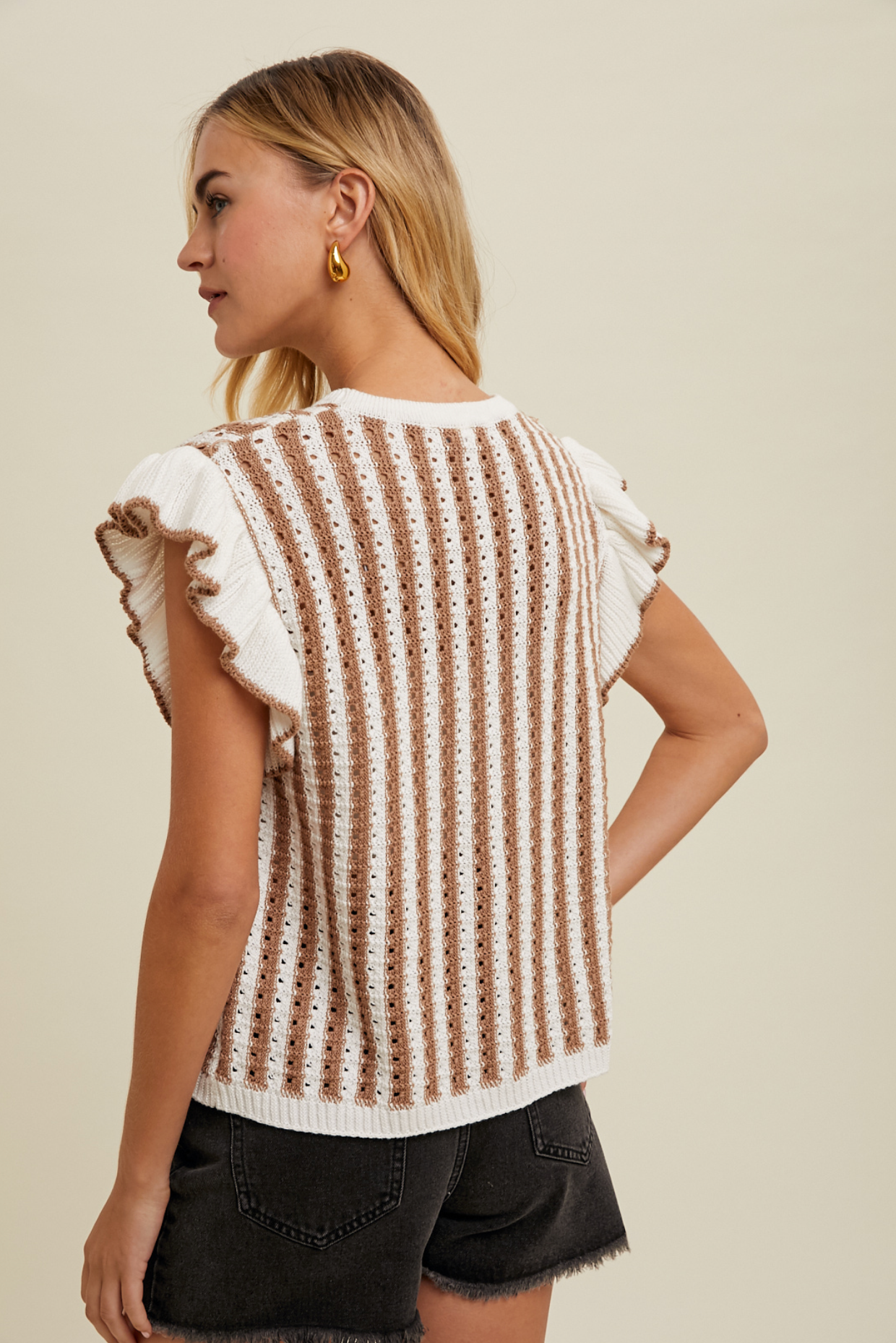 Carla Taupe/Off White Striped Ruffle Crochet Sweater