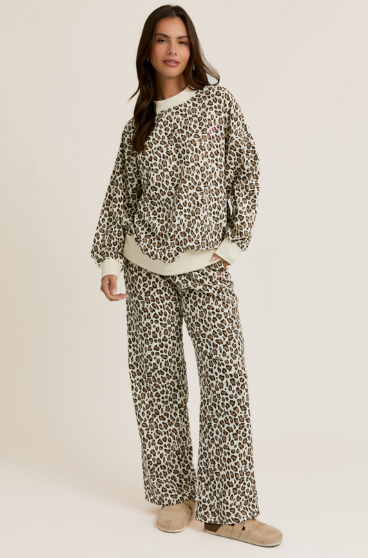 Leopard Sweat Set with Bow Detail - Cream/Brown